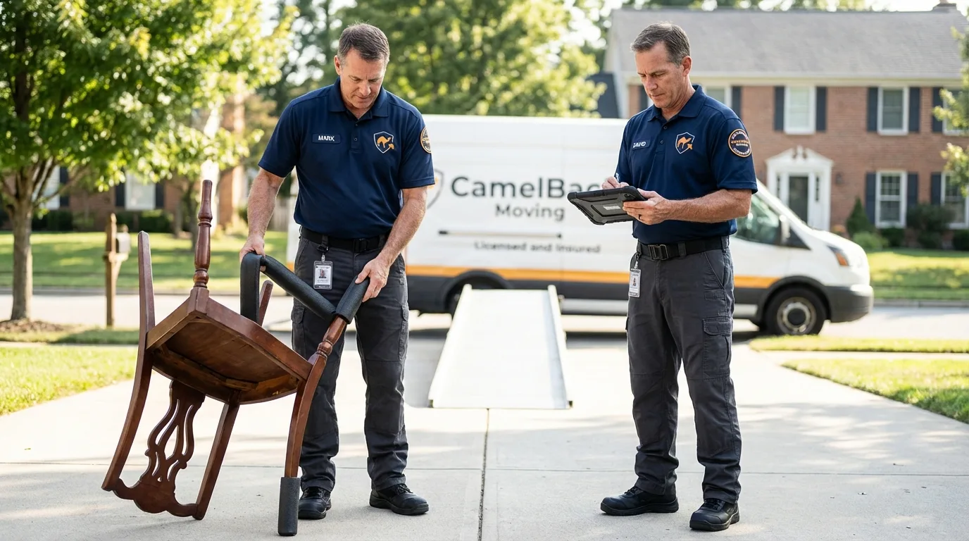 Movers inspecting furniture for damage prevention before loading in Hazleton, PA