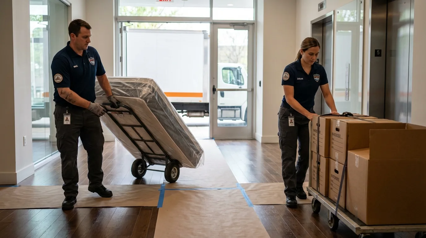 Professional apartment movers loading elevator in Hazleton, PA